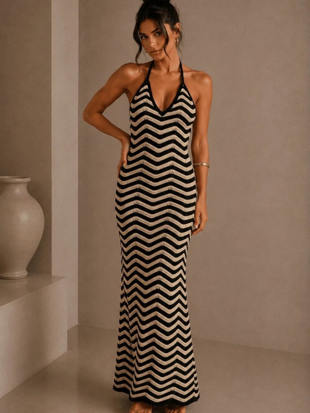 Miou Muse Sunni Chevron Knit Maxi Dress NWT Size S | Women's Designer Dress